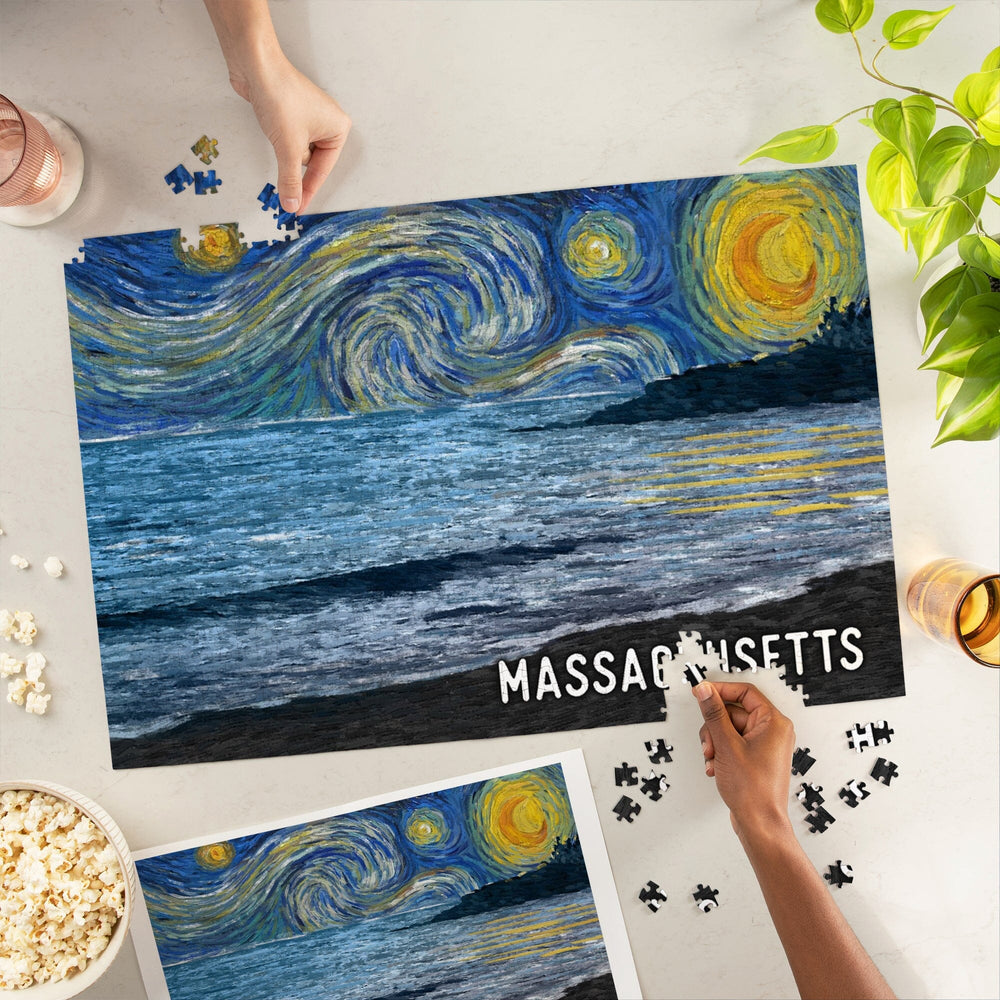 Massachusetts, Starry Night, Coastline, Jigsaw Puzzle Puzzle Lantern Press 