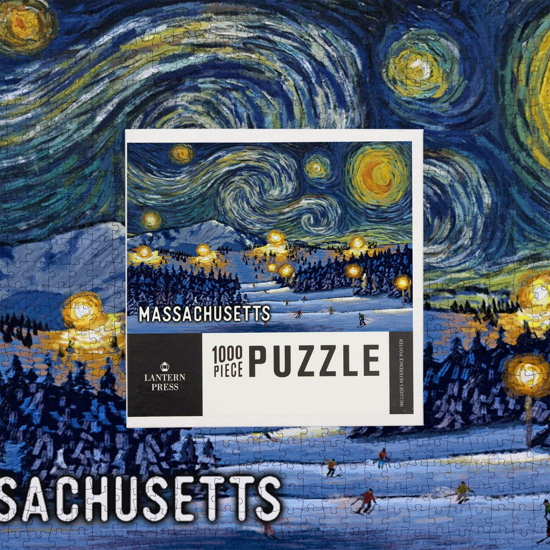 Massachusetts, Starry Night, Ski, Jigsaw Puzzle Puzzle Lantern Press 