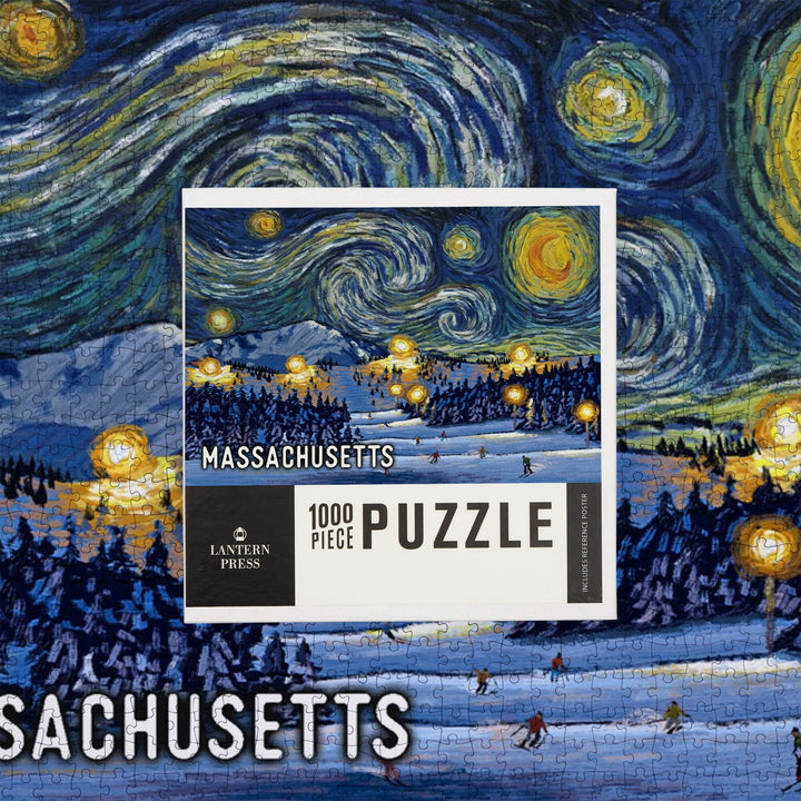 Massachusetts, Starry Night, Ski, Jigsaw Puzzle Puzzle Lantern Press 