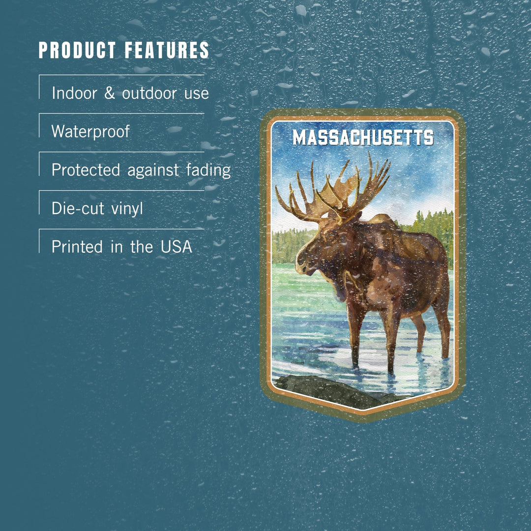 Massachusetts, Watercolor Study, Moose, Contour, Vinyl Sticker Sticker Lantern Press 