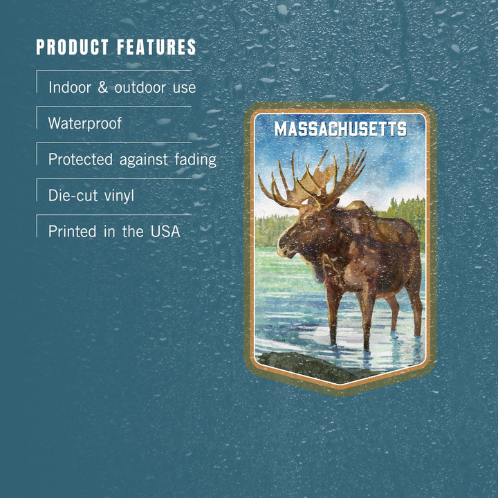 Massachusetts, Watercolor Study, Moose, Contour, Vinyl Sticker Sticker Lantern Press 