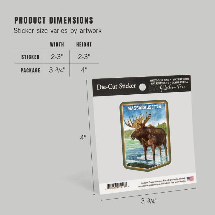 Massachusetts, Watercolor Study, Moose, Contour, Vinyl Sticker Sticker Lantern Press 