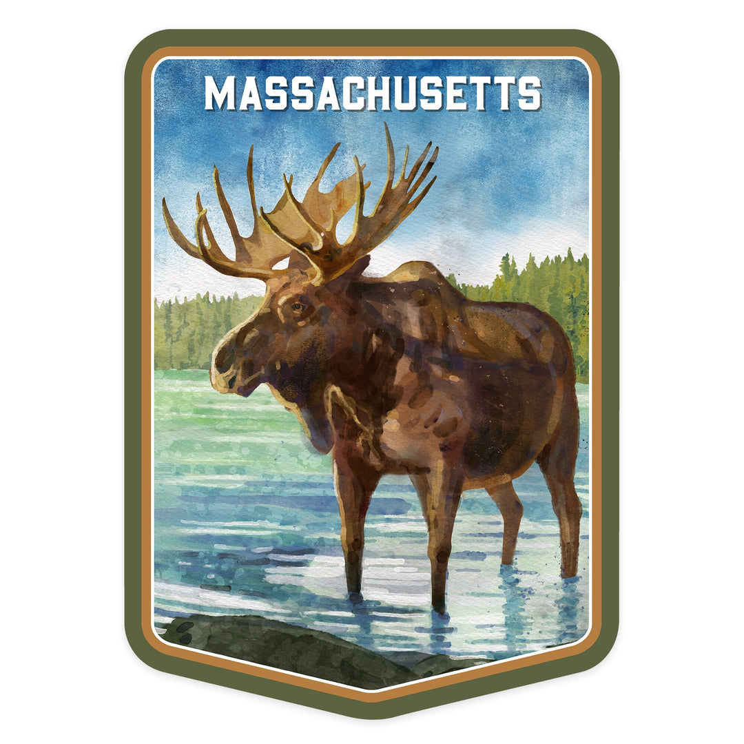 Massachusetts, Watercolor Study, Moose, Contour, Vinyl Sticker Sticker Lantern Press 