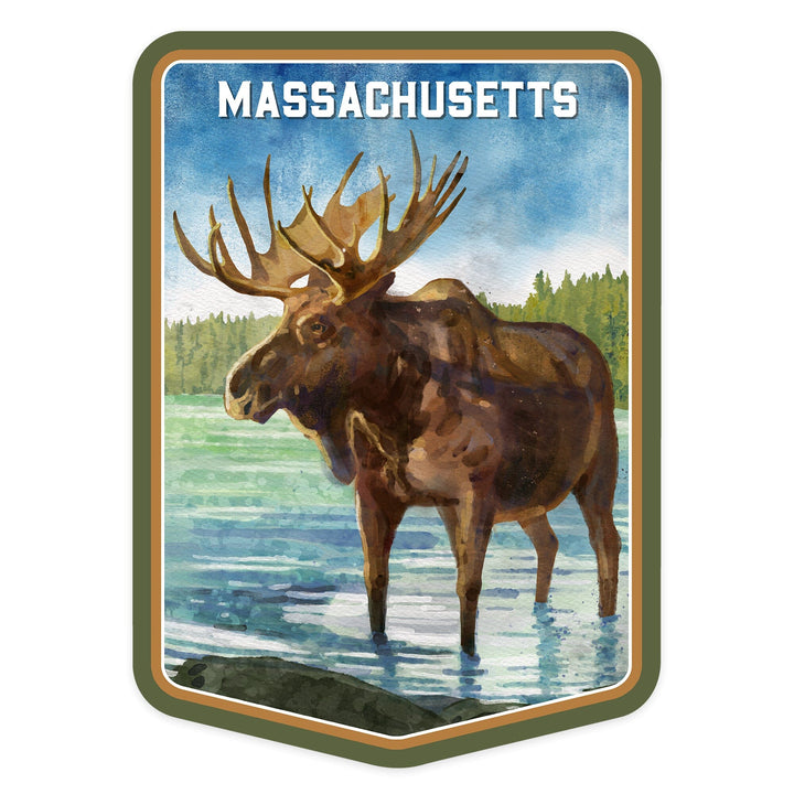 Massachusetts, Watercolor Study, Moose, Contour, Vinyl Sticker Sticker Lantern Press 