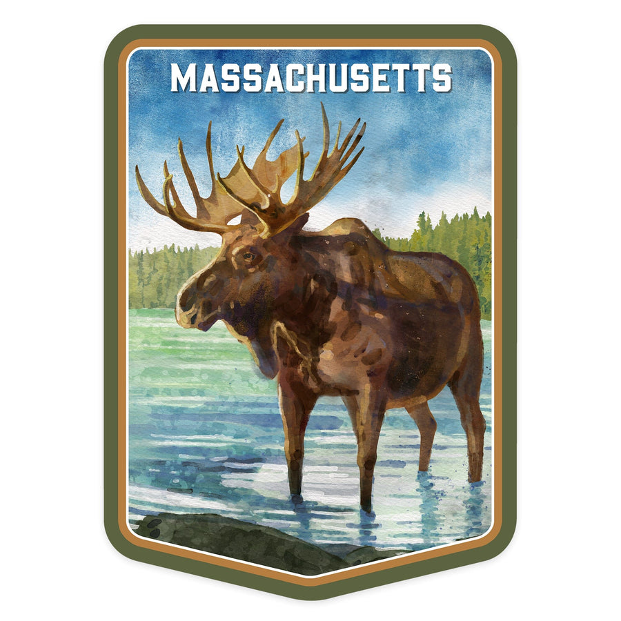 Massachusetts, Watercolor Study, Moose, Contour, Vinyl Sticker Sticker Lantern Press 