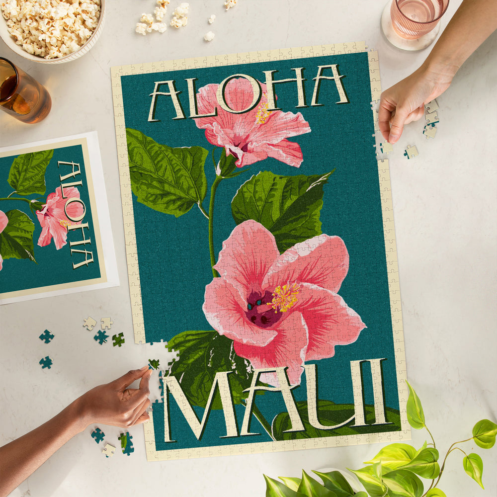 Maui, Hawaii, Aloha, Pink Hibiscus, Letterpress, Jigsaw Puzzle Puzzle Lantern Press 