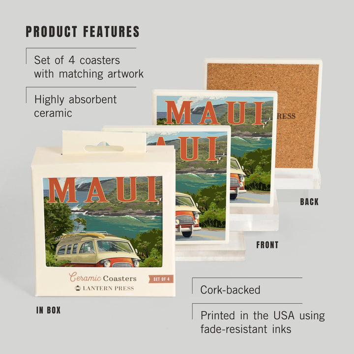 Maui, Hawaii, Camper Van, Lantern Press Artwork, Coaster Set - Lantern Press