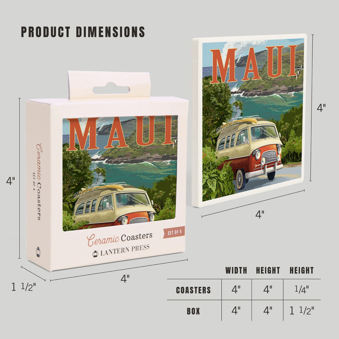 Maui, Hawaii, Camper Van, Lantern Press Artwork, Coaster Set - Lantern Press