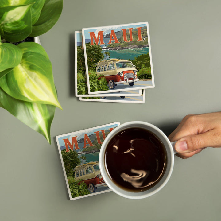 Maui, Hawaii, Camper Van, Lantern Press Artwork, Coaster Set - Lantern Press