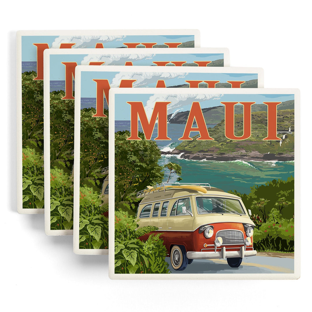 Maui, Hawaii, Camper Van, Lantern Press Artwork, Coaster Set - Lantern Press