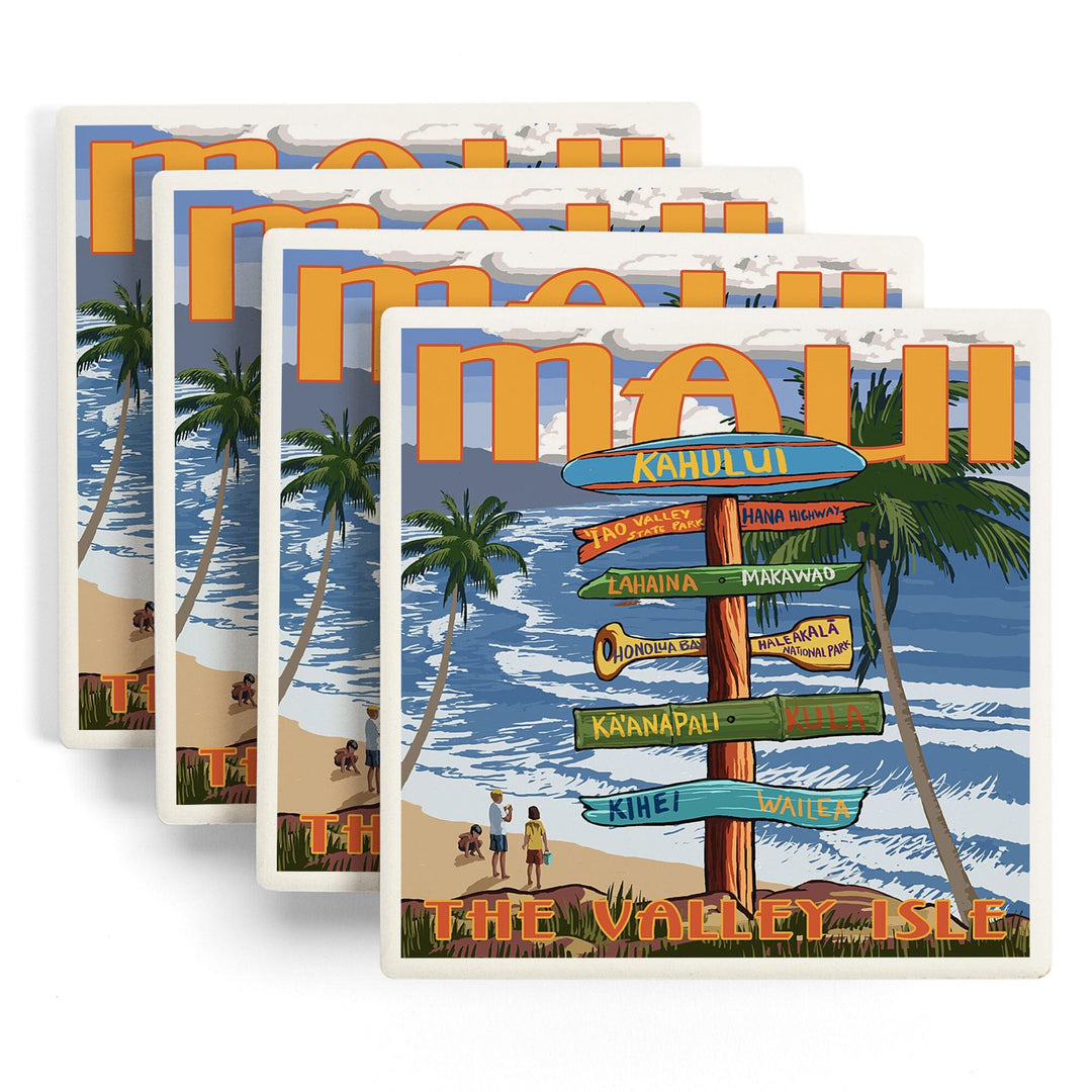 Maui, Hawaii, Destination Signpost, Lantern Press Artwork, Coaster Set - Lantern Press