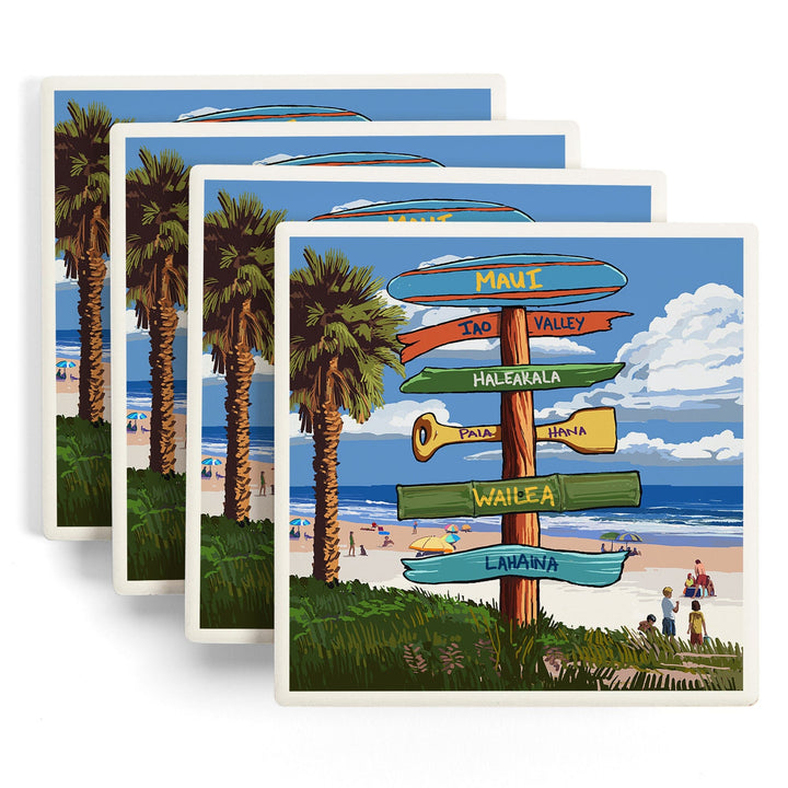 Maui, Hawaii, Destinations Sign, Lantern Press Artwork, Coaster Set - Lantern Press