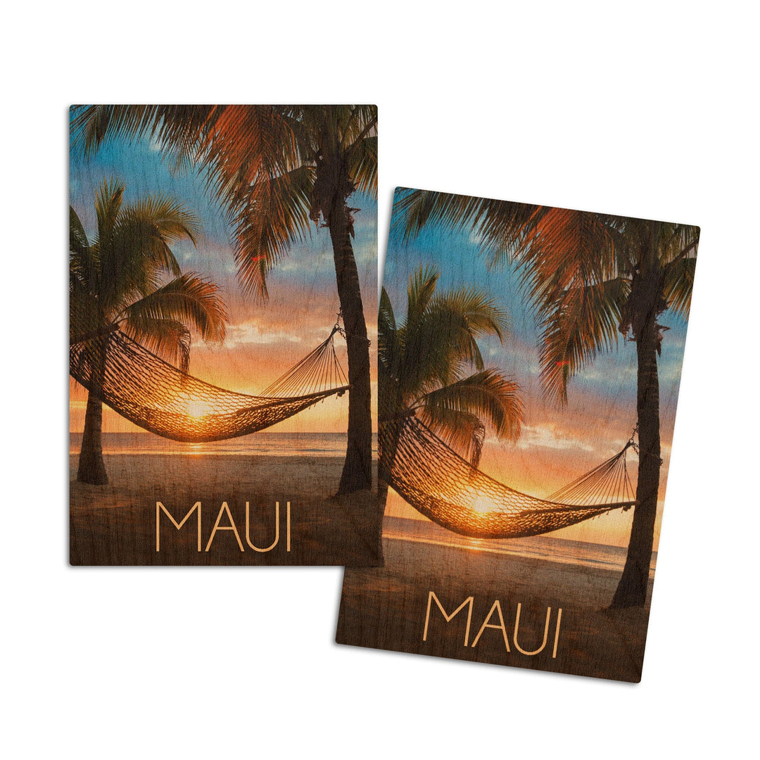 Maui, Hawaii, Hammock & Sunset, Lantern Press Photography, Wood Signs and Postcards Wood Lantern Press 4x6 Wood Postcard Set 