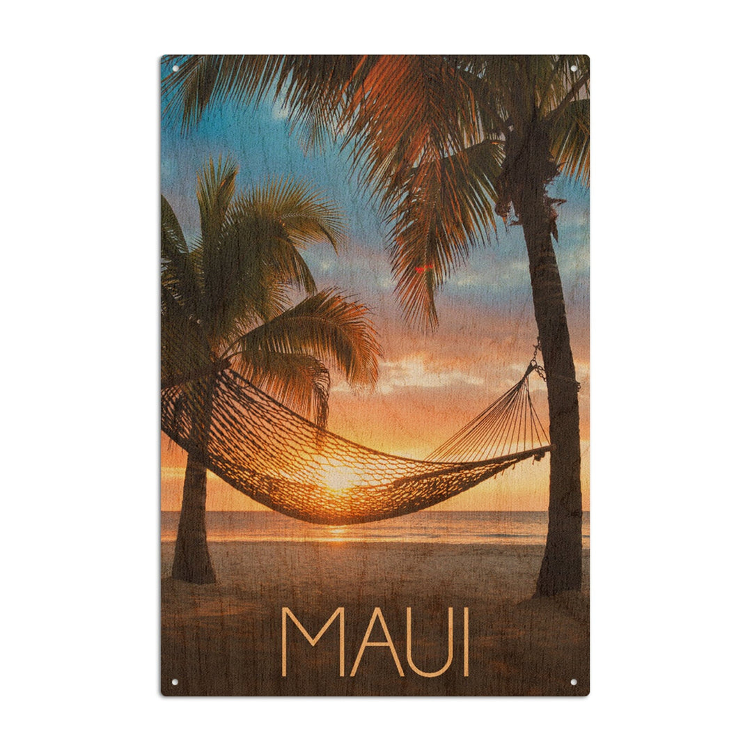 Maui, Hawaii, Hammock & Sunset, Lantern Press Photography, Wood Signs and Postcards Wood Lantern Press 6x9 Wood Sign 