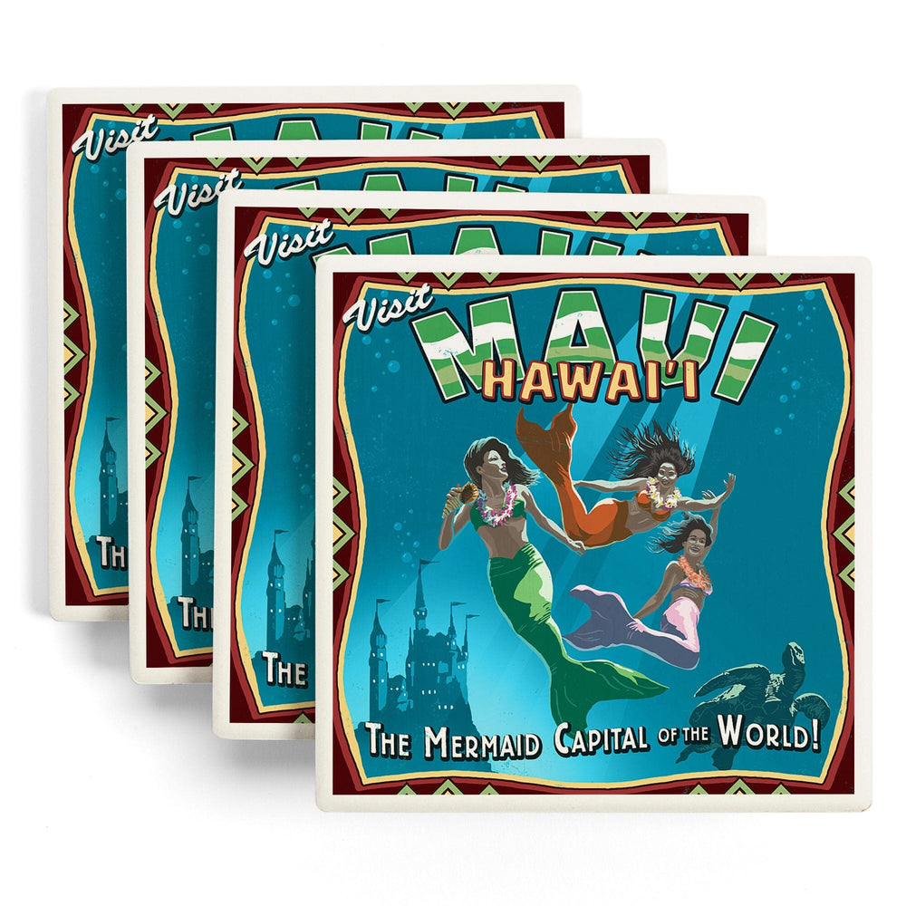 Maui, Hawaii, Mermaid Vintage Sign, Coasters Coasters Lantern Press 