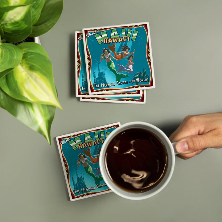 Maui, Hawaii, Mermaid Vintage Sign, Coasters Coasters Lantern Press 