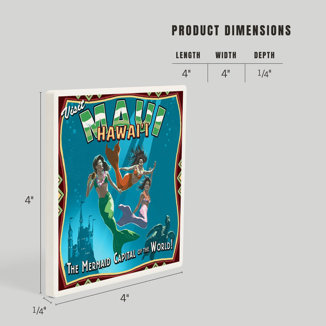 Maui, Hawaii, Mermaid Vintage Sign, Coasters Coasters Lantern Press 