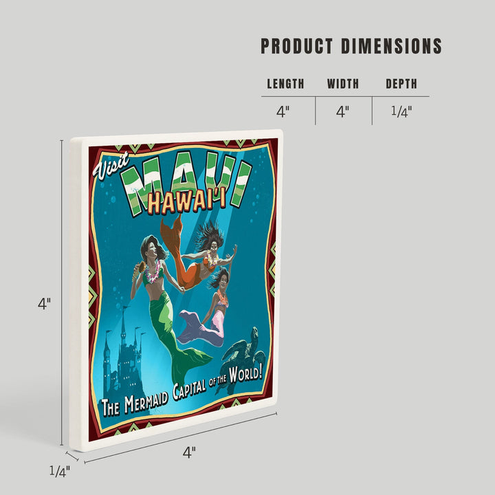 Maui, Hawaii, Mermaid Vintage Sign, Coasters Coasters Lantern Press 