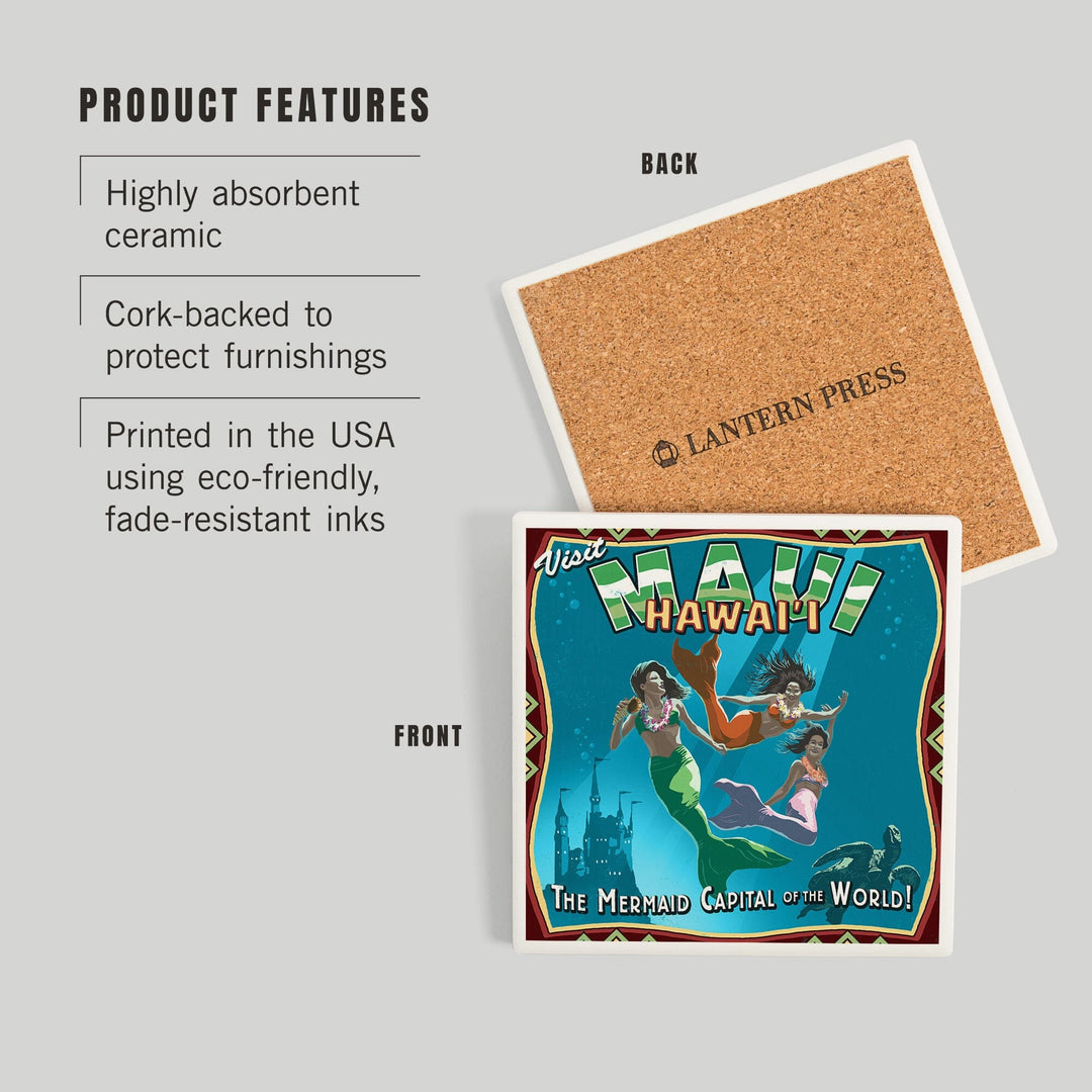 Maui, Hawaii, Mermaid Vintage Sign, Coasters Coasters Lantern Press 