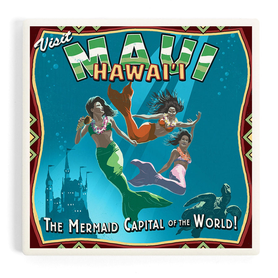 Maui, Hawaii, Mermaid Vintage Sign, Coasters Coasters Lantern Press 