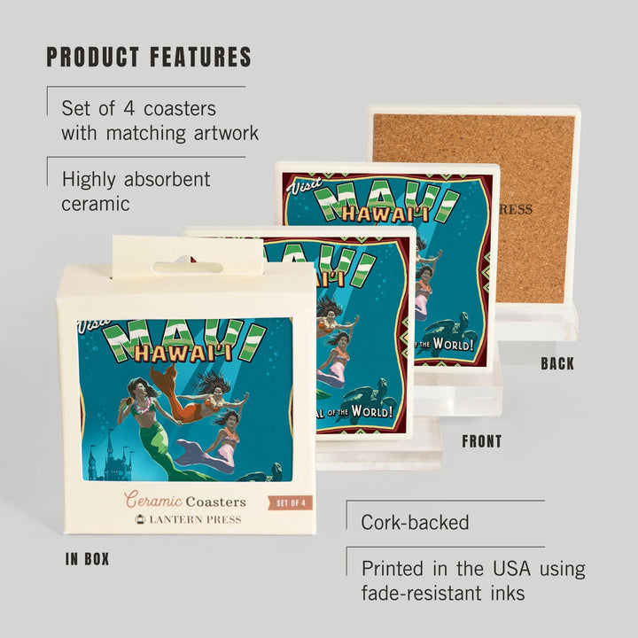 Maui, Hawaii, Mermaid Vintage Sign, Coasters Coasters Lantern Press 