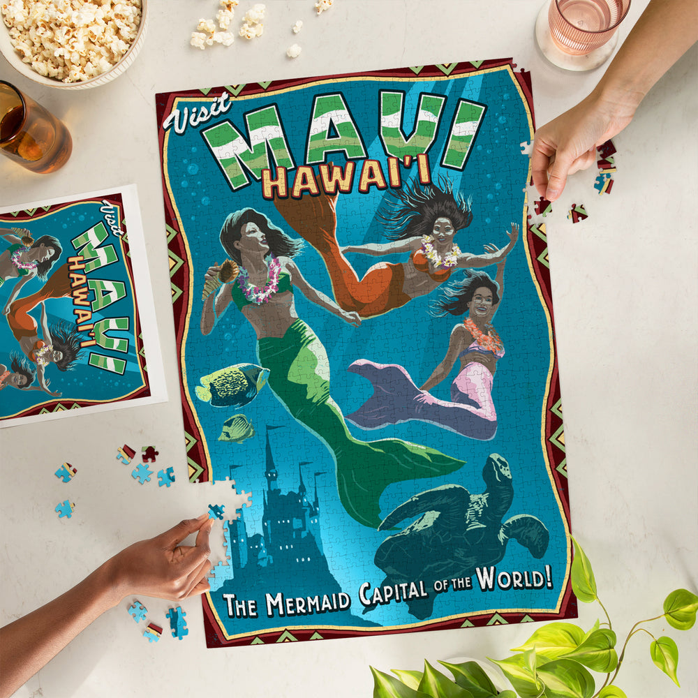 Maui, Hawaii, Mermaid Vintage Sign, Jigsaw Puzzle Puzzle Lantern Press 
