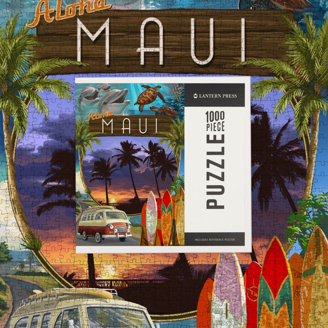 Maui, Hawaii, Montage with Camper Van, Jigsaw Puzzle Puzzle Lantern Press 