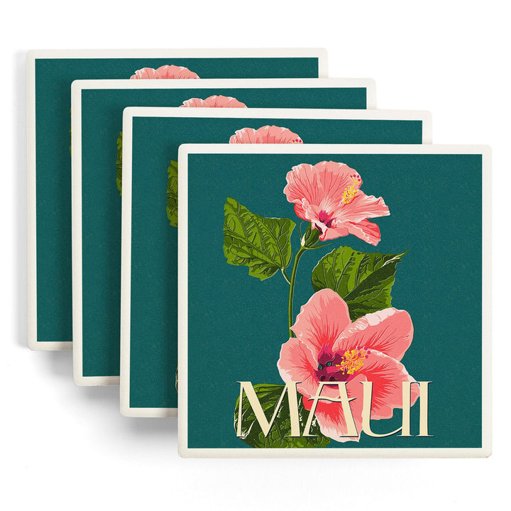 Maui, Hawaii, Pink Hibiscus Flower Letterpress, Lantern Press Artwork, Coaster Set - Lantern Press