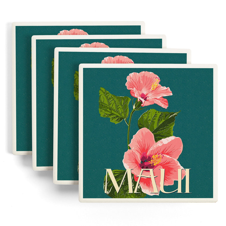 Maui, Hawaii, Pink Hibiscus Flower Letterpress, Lantern Press Artwork, Coaster Set - Lantern Press