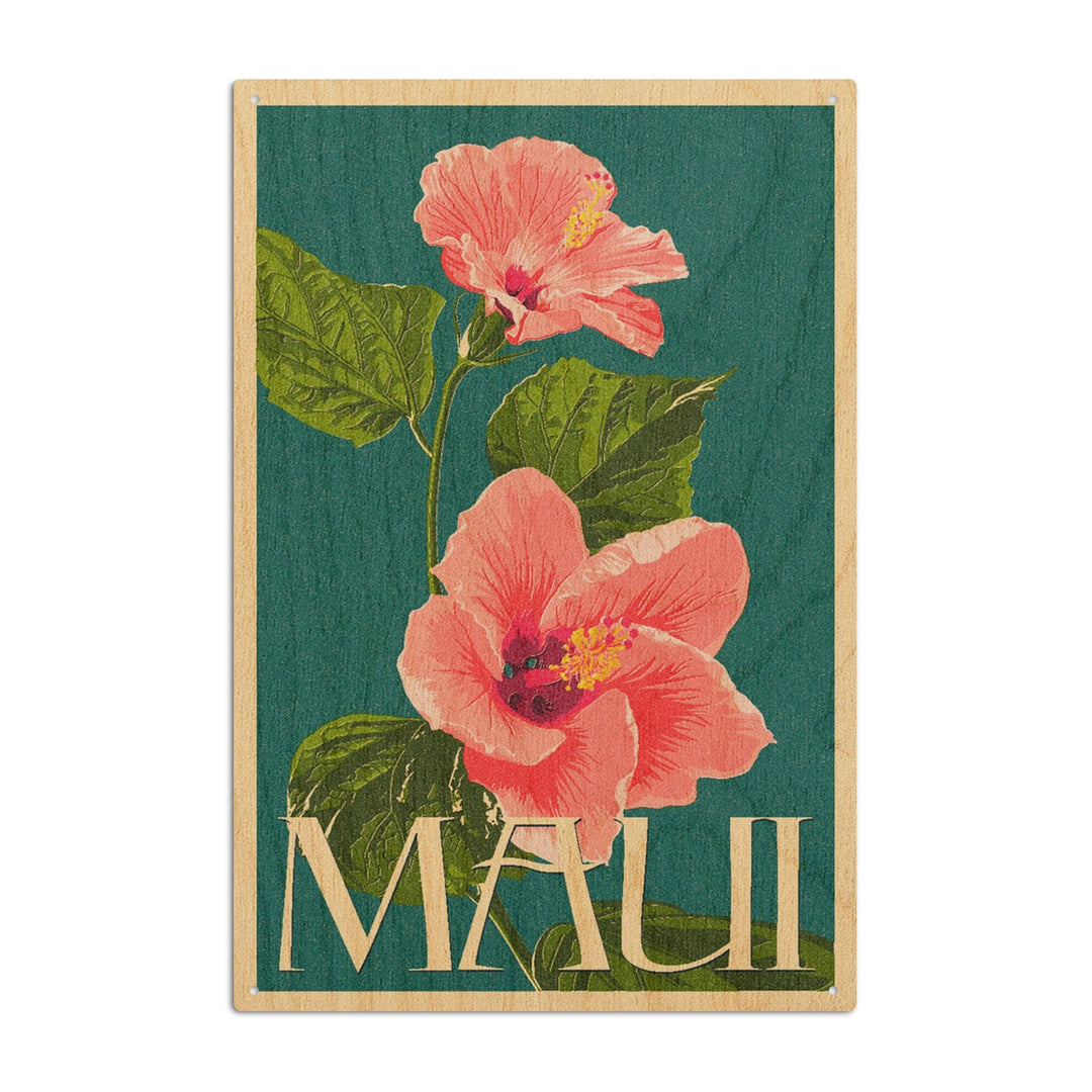 Maui, Hawaii, Pink Hibiscus Flower Letterpress, Lantern Press Artwork, Wood Signs and Postcards Wood Lantern Press 10 x 15 Wood Sign 