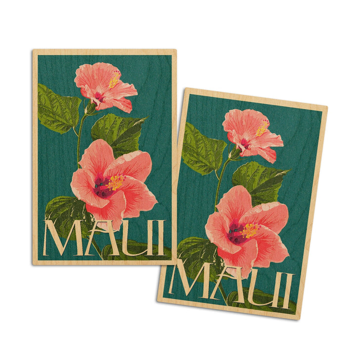 Maui, Hawaii, Pink Hibiscus Flower Letterpress, Lantern Press Artwork, Wood Signs and Postcards Wood Lantern Press 4x6 Wood Postcard Set 