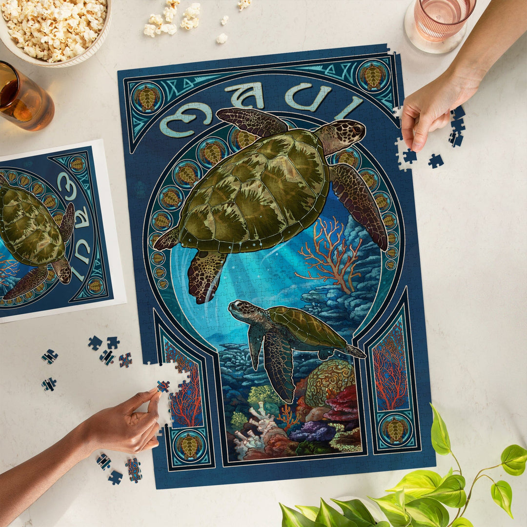 Maui, Hawaii, Sea Turtle Art Nouveau, Jigsaw Puzzle Puzzle Lantern Press 