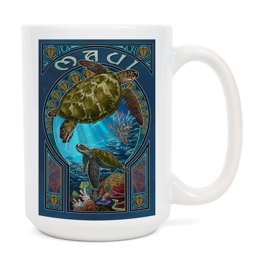 Maui, Hawaii, Sea Turtle Art Nouveau, Lantern Press Artwork, Ceramic Mug Mugs Lantern Press 