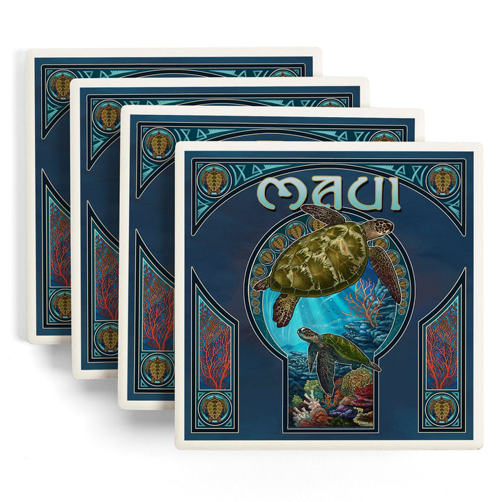 Maui, Hawaii, Sea Turtle Art Nouveau, Lantern Press Artwork, Coaster Set - Lantern Press