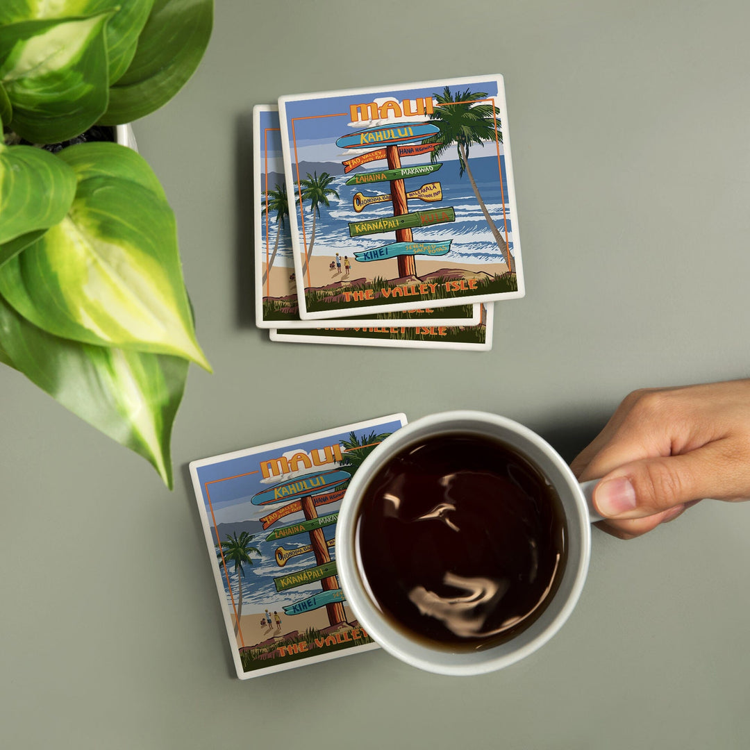 Maui, Hawaii, Signpost, Lantern Press Artwork, Coaster Set - Lantern Press