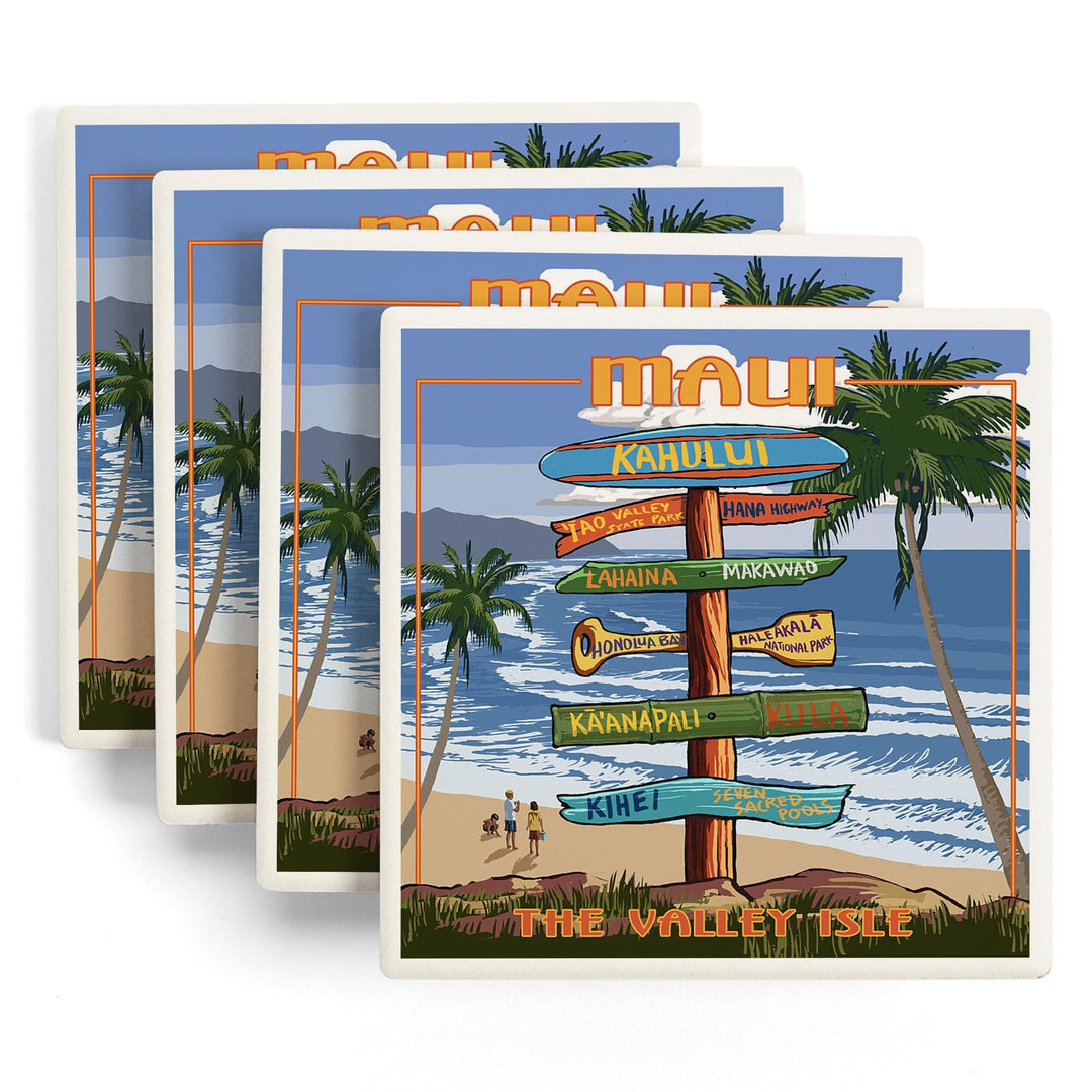 Maui, Hawaii, Signpost, Lantern Press Artwork, Coaster Set - Lantern Press