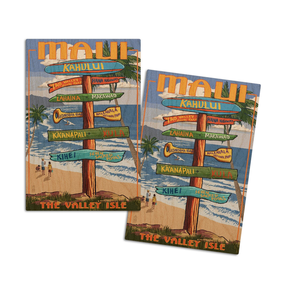 Maui, Hawaii, Signpost, Lantern Press Artwork, Wood Signs and Postcards Wood Lantern Press 4x6 Wood Postcard Set 