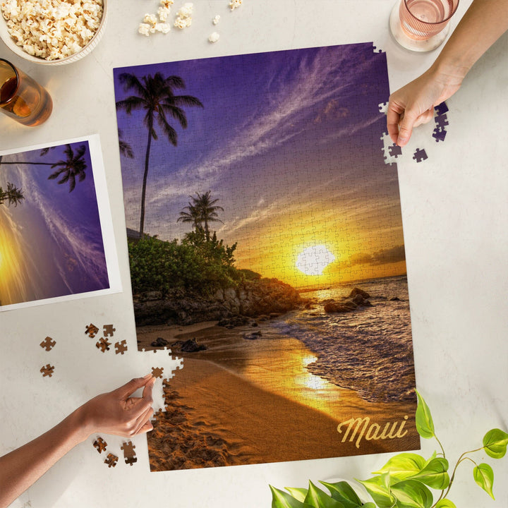 Maui, Hawaii, Sunset and Palm, Jigsaw Puzzle Puzzle Lantern Press 
