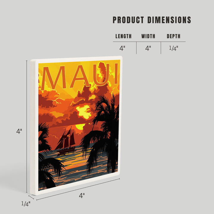 Maui, Hawaii, Sunset and Ship, Coasters Coasters Lantern Press 