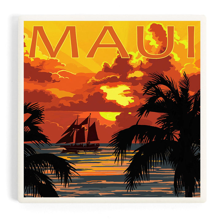 Maui, Hawaii, Sunset and Ship, Coasters Coasters Lantern Press 