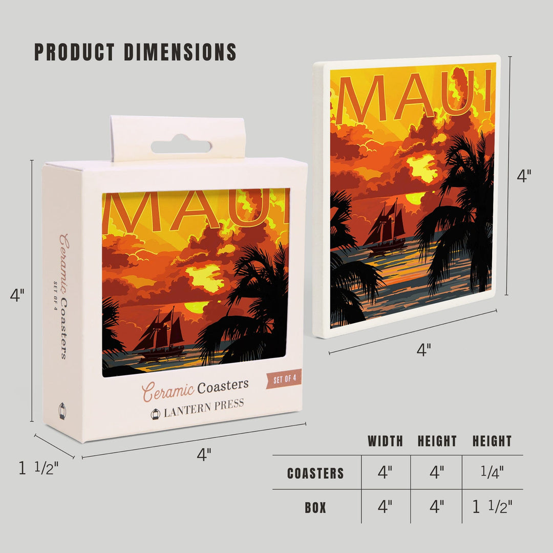 Maui, Hawaii, Sunset and Ship, Coasters Coasters Lantern Press 