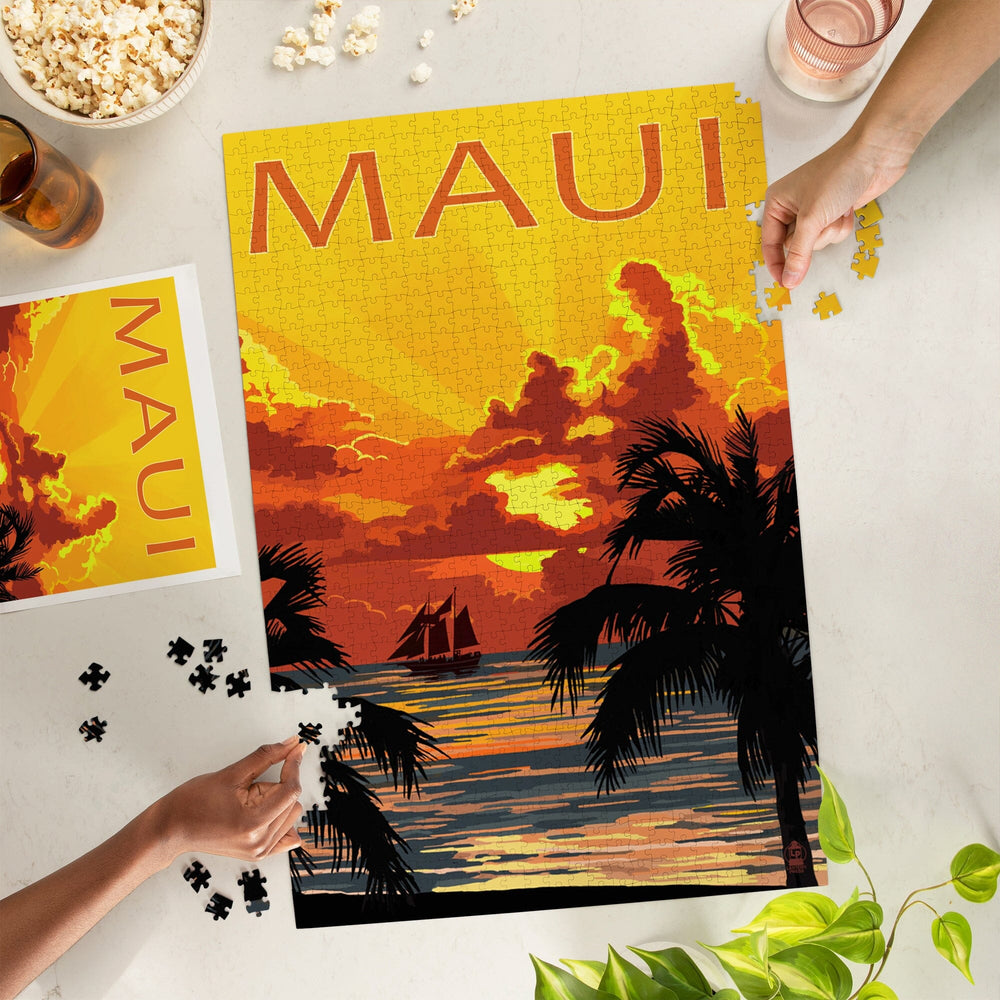 Maui, Hawaii, Sunset and Ship, Jigsaw Puzzle Puzzle Lantern Press 