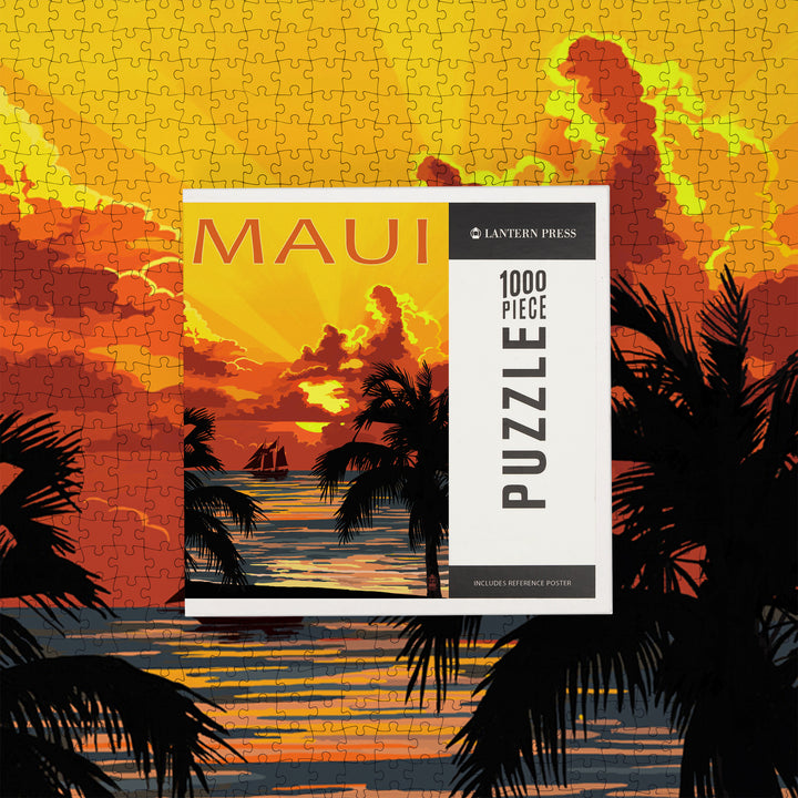 Maui, Hawaii, Sunset and Ship, Jigsaw Puzzle Puzzle Lantern Press 