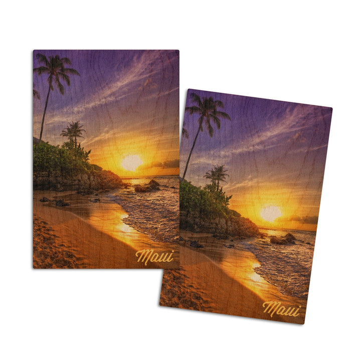 Maui, Hawaii, Sunset & Palm, Lantern Press Photography, Wood Signs and Postcards Wood Lantern Press 4x6 Wood Postcard Set 