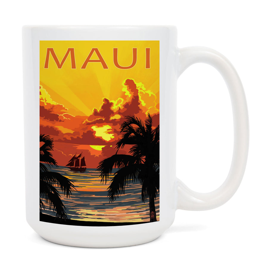 Maui, Hawaii, Sunset & Ship, Lantern Press Artwork, Ceramic Mug Mugs Lantern Press 