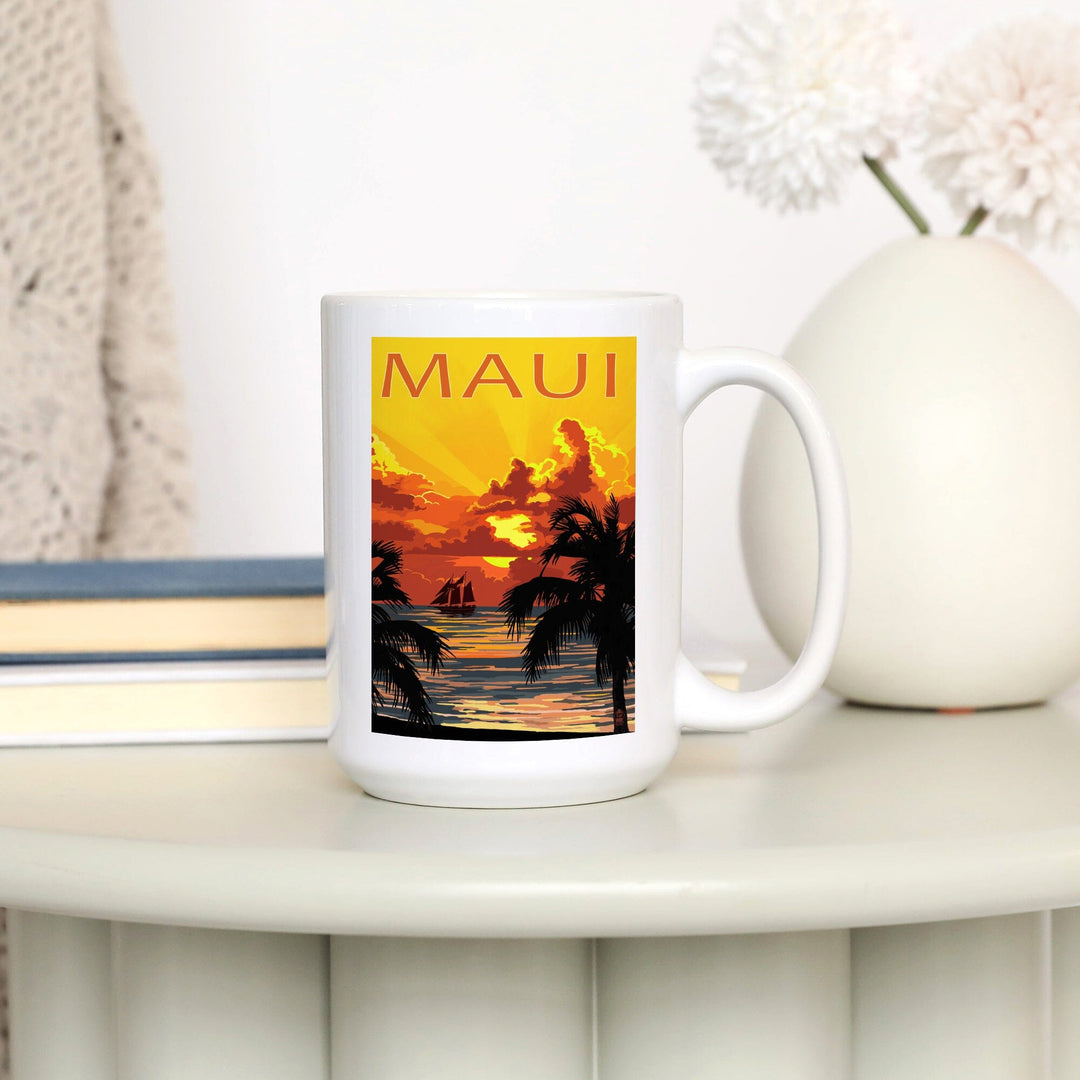 Maui, Hawaii, Sunset & Ship, Lantern Press Artwork, Ceramic Mug Mugs Lantern Press 