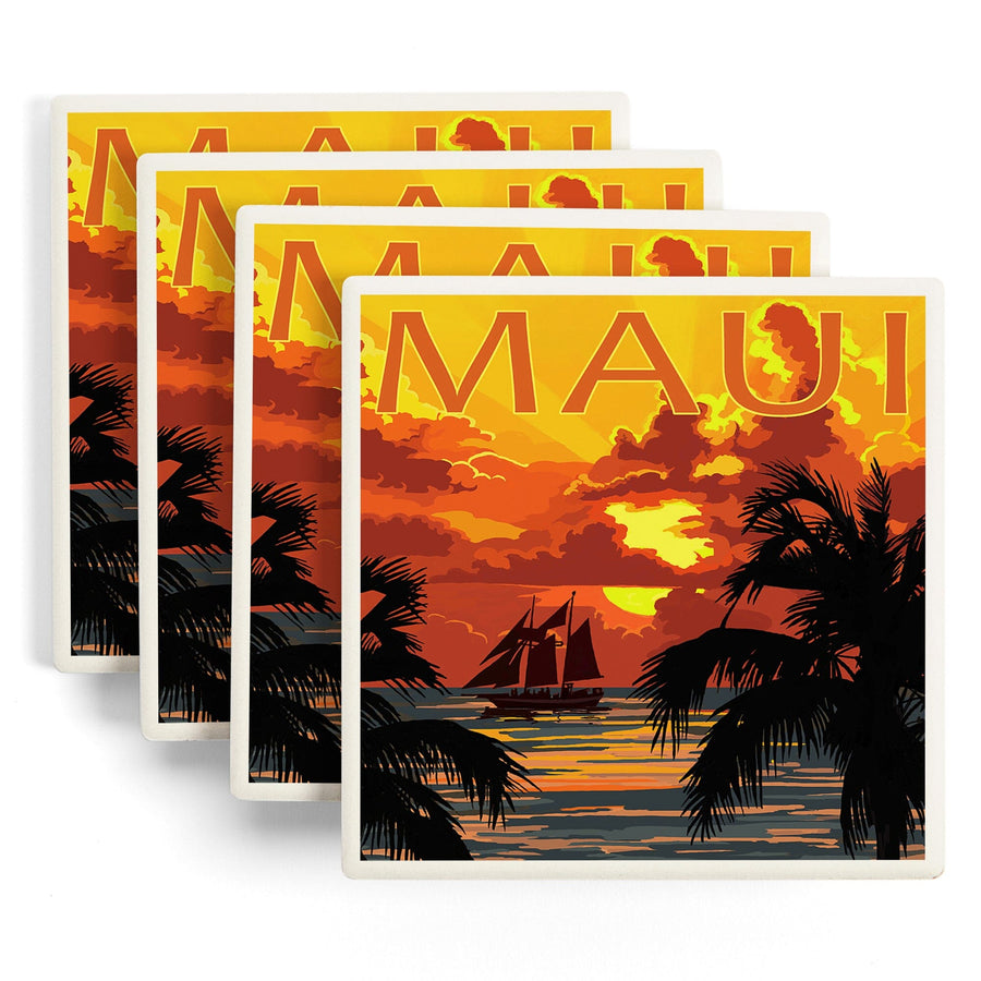 Maui, Hawaii, Sunset & Ship, Lantern Press Artwork, Coaster Set - Lantern Press