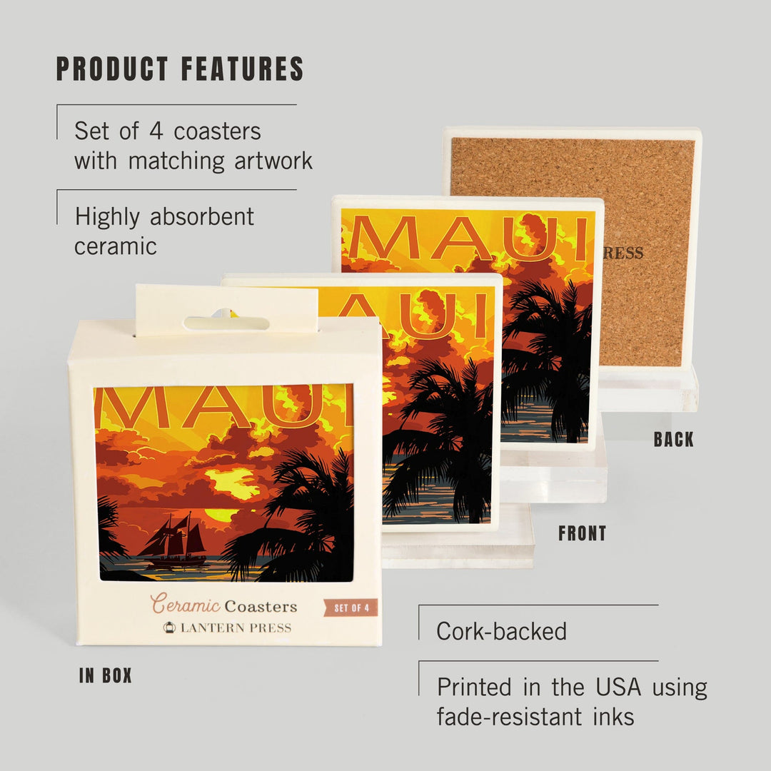 Maui, Hawaii, Sunset & Ship, Lantern Press Artwork, Coaster Set - Lantern Press