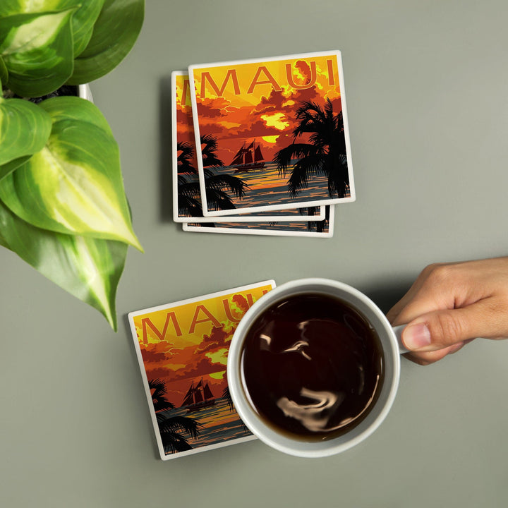 Maui, Hawaii, Sunset & Ship, Lantern Press Artwork, Coaster Set - Lantern Press