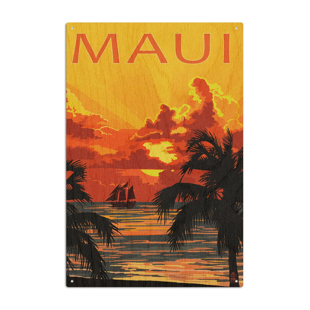 Maui, Hawaii, Sunset & Ship, Lantern Press Artwork, Wood Signs and Postcards Wood Lantern Press 10 x 15 Wood Sign 